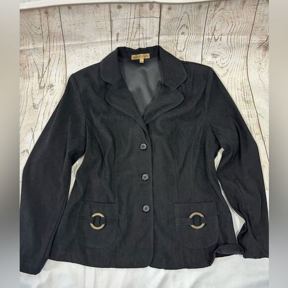 Black Women’s Blazer with Rust Metal Ring Pocket Detail Classic & Chic - Picture 1 of 7